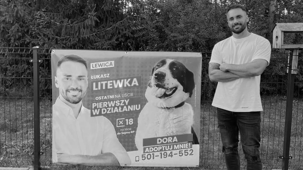 Banery wyborcze Łukasza Litewki z psami czekającymi na adopcję