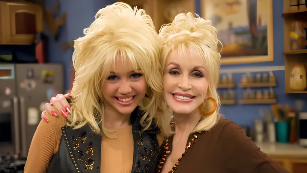 Dolly Parton i młoda Miley Cyrus na planie serialu Hannah Montana